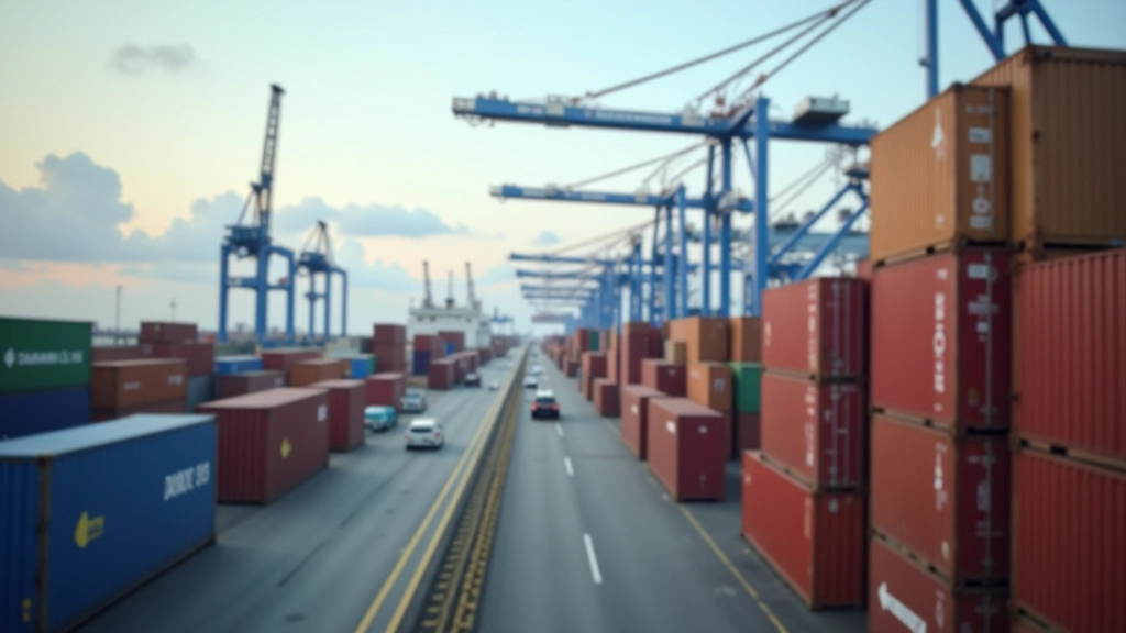 Conteneurs empilés dans un port avec navires en arrière-plan et grues de déchargement
