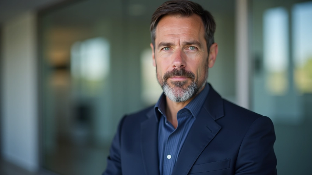 Directeur économiste avec expérience en analyse macroéconomique, portrait professionnel en blazer marine, bureau moderne en arrière-plan
