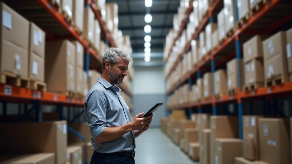 Entrepôt logistique moderne avec rayonnages, personnel préparant des commandes et code-barres